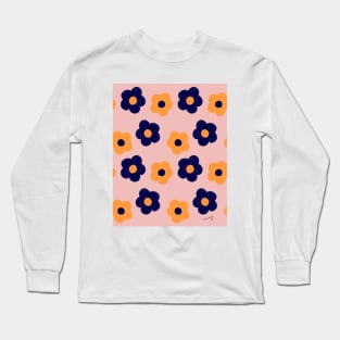 Retro Flower Power Pink & Navy | Vintage | Pattern | Florals | Pastel Long Sleeve T-Shirt